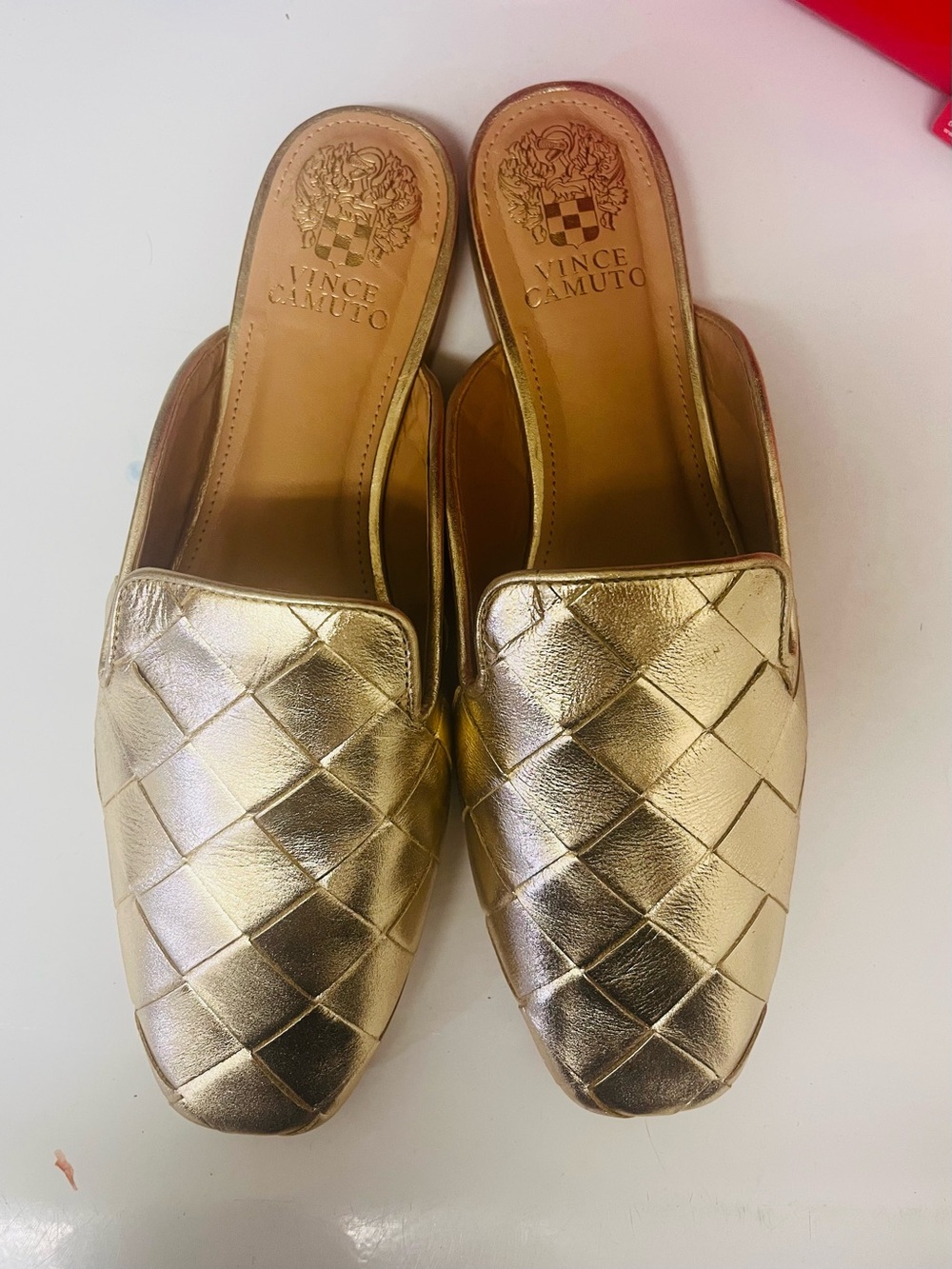 Vince Camuto Gold Woven Leather Backless Mules